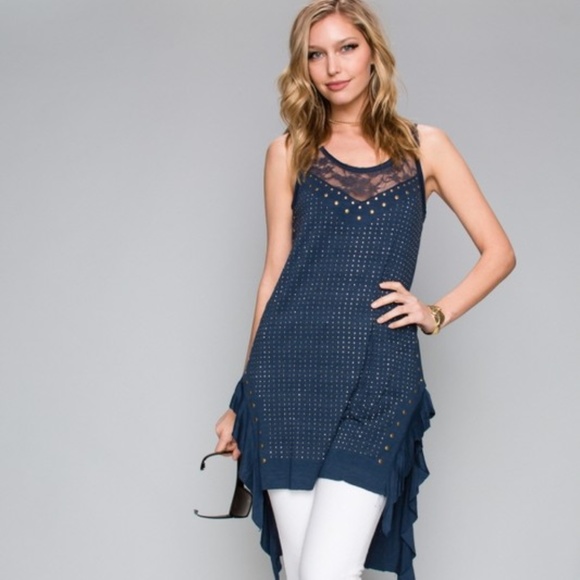 nwt VOCAL TUNIC TANK LACE NAVY STUDS gorgeous dress slimming sexy slenderizing - Picture 1 of 5
